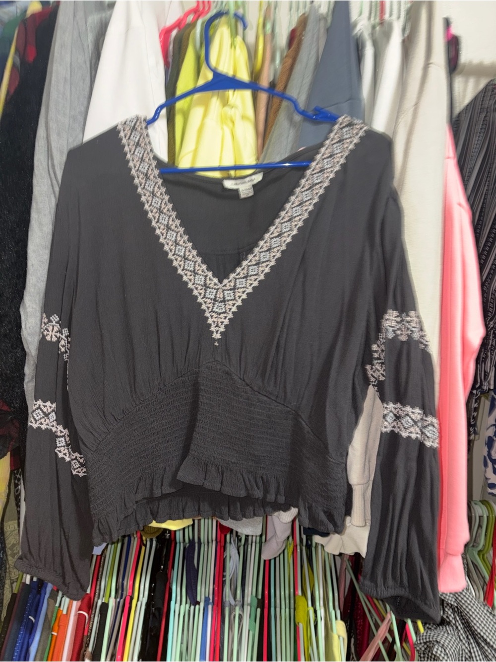 American Eagle Outfitters Black V-Neck Embroidered Blouse